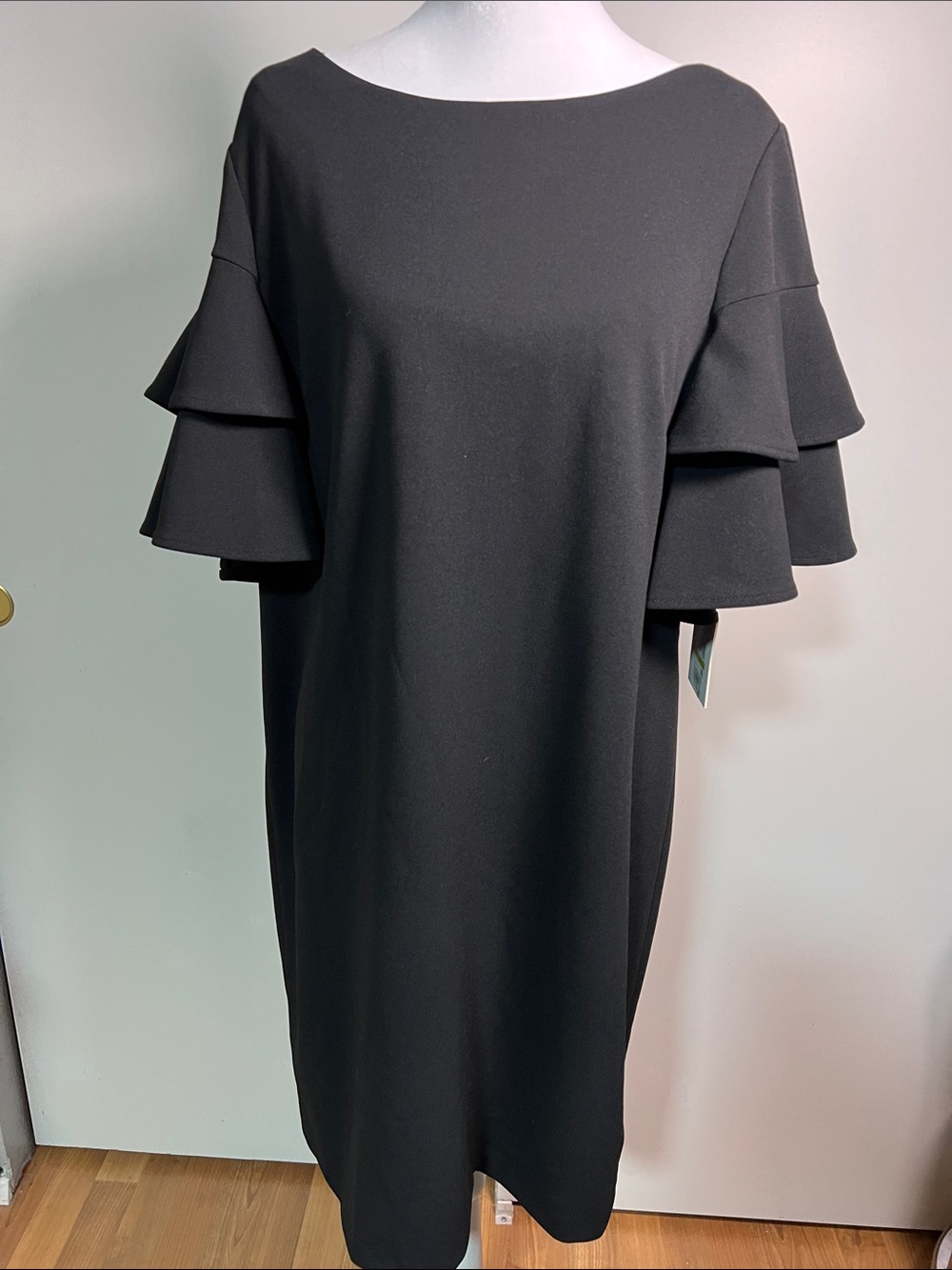 Calvin Klein Black Midi Dress with Layered Ruffle Sleeves